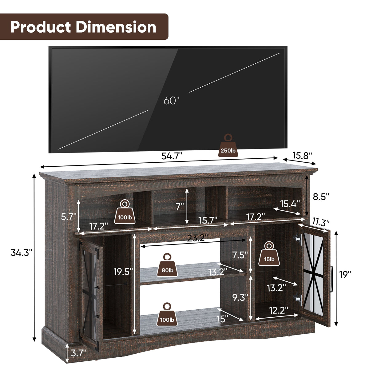 Royalcraft 55'' Farmhouse TV Stand, Retro TV Console with Glass Doors & LED Lights, Media Entertainment Center Table with Adjustable Shelves for 23'' Fireplace, Suitable for Living Room, Brown