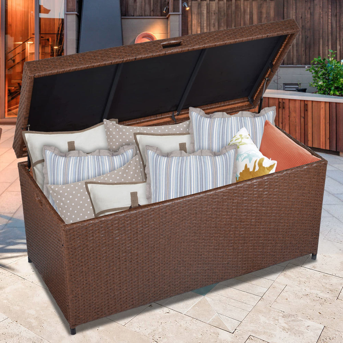 Royalcraft Outdoor Deck Storage Box, Waterproof Outside Patio Rattan Wicker Storage Bin Container with Liner, Large Box for Cushions, Pool Toys and Garden Tools