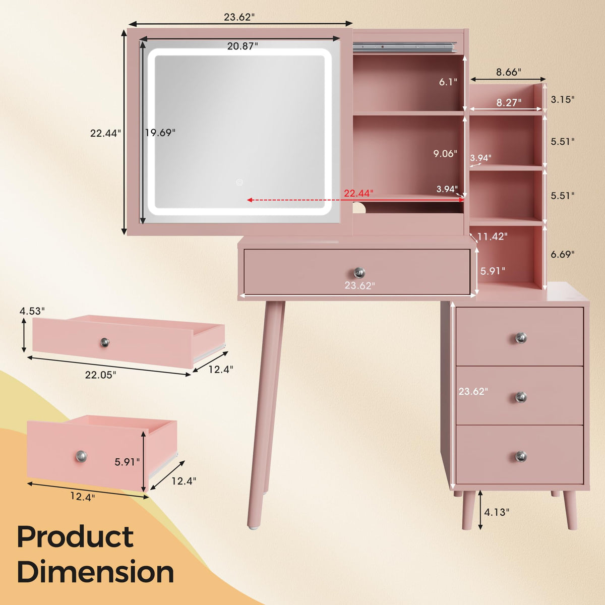 RoyalCraft Vanity Desk with Sliding Mirror and LED Lights, 2 in 1 Wooden Makeup Vanity Desk for Nightstand and Dressing Table, Compact Medium Makeup Table with Sliding Mirror for More Storage Space