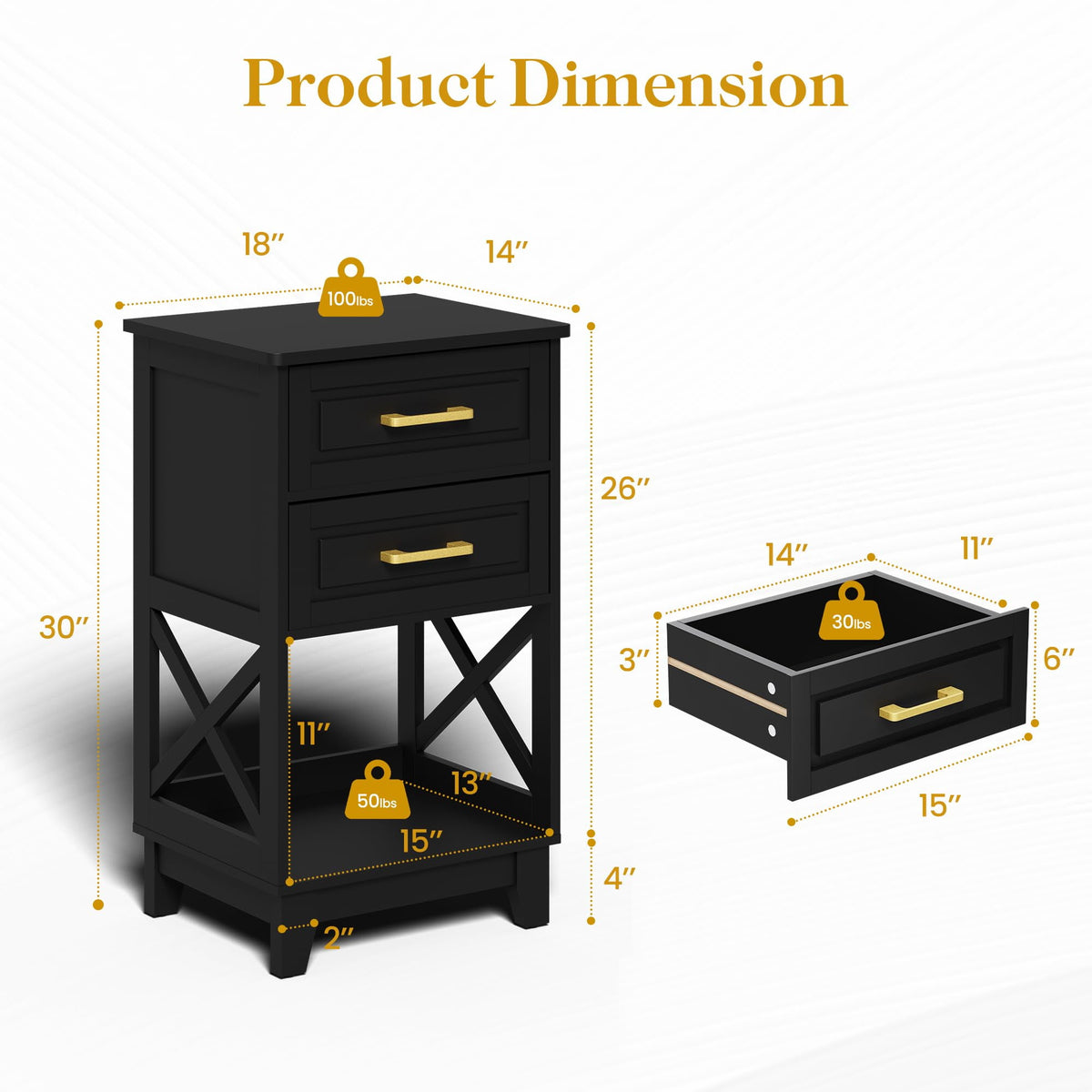 RoyalCraft Tall Nightstand, Side Table with 2 Drawers and Open Shelf Below, Bedside Table with Solid Feet, Modern Night Stand End Table for Bedroom, Living Room, Home Office, Black