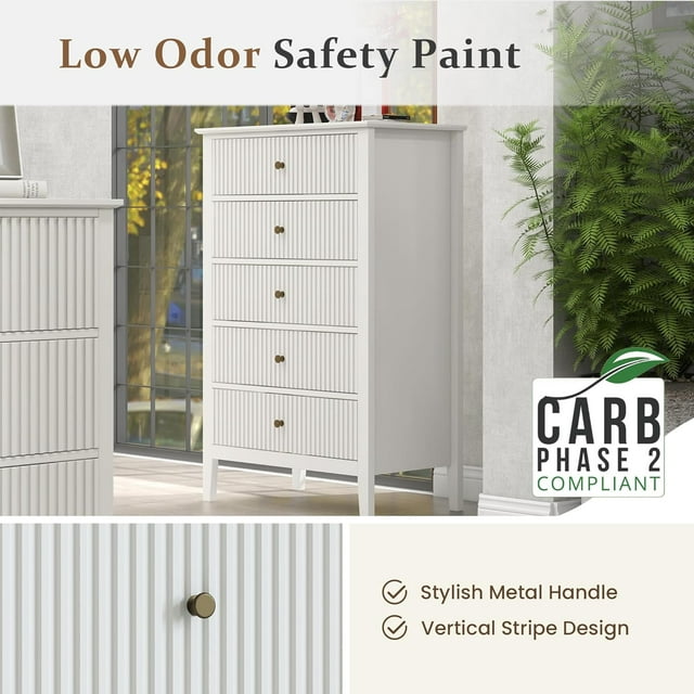 Royalcraft Dresser for Bedroom, Modern 5 Drawers Dresser with Silent Slide Drawers, Tall Chest of Drawers, Wood Storage Cabinet Organizer for Living Room, Nursery, Hallway, Entryway