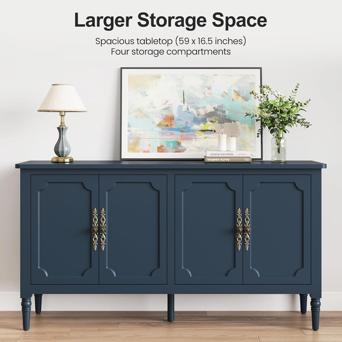 RoyalCraft Console Cabinet, 58'' Mid Century Modern Pantry Cabinet, Wood Buffet Cabinet, Media Cabinet with 4 Doors, Accent Cabinet for Entryway, Living Room, Bedroom, Dining Room