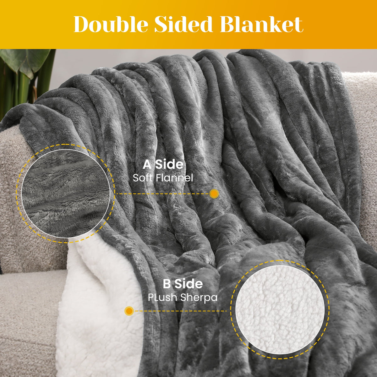 RoyalCraft Electric Heated Blanket, 84" x 62" Twin Size Electric Blanket with 10 Heating Levels and 12 Hours Auto-Off, Soft Flannel and Sherp Blanket with ETL & FCC Certification, Grey