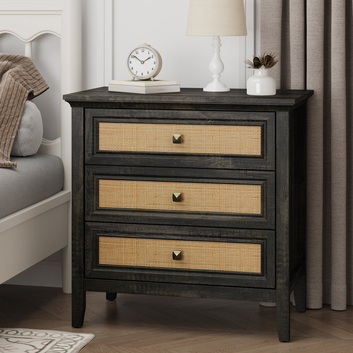 RoyalCraft 3 Drawer Dresser, Cane Nightstand with Rattan Decorated Drawers, Tall Bedside End Table for Bedroom, Living Room, Entryway, Coffee