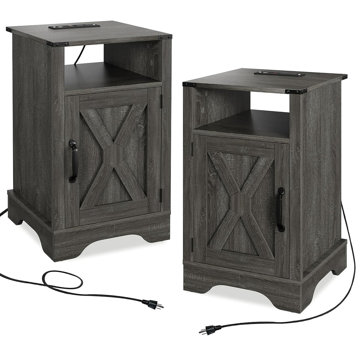 RoyalCraft White Nightstand with Charging Station, Farmhouse Bedside Table with X-Shaped Design,Wooden Rustic End Table with Large Storage Room and Shelf for Bedroom, Living Room
